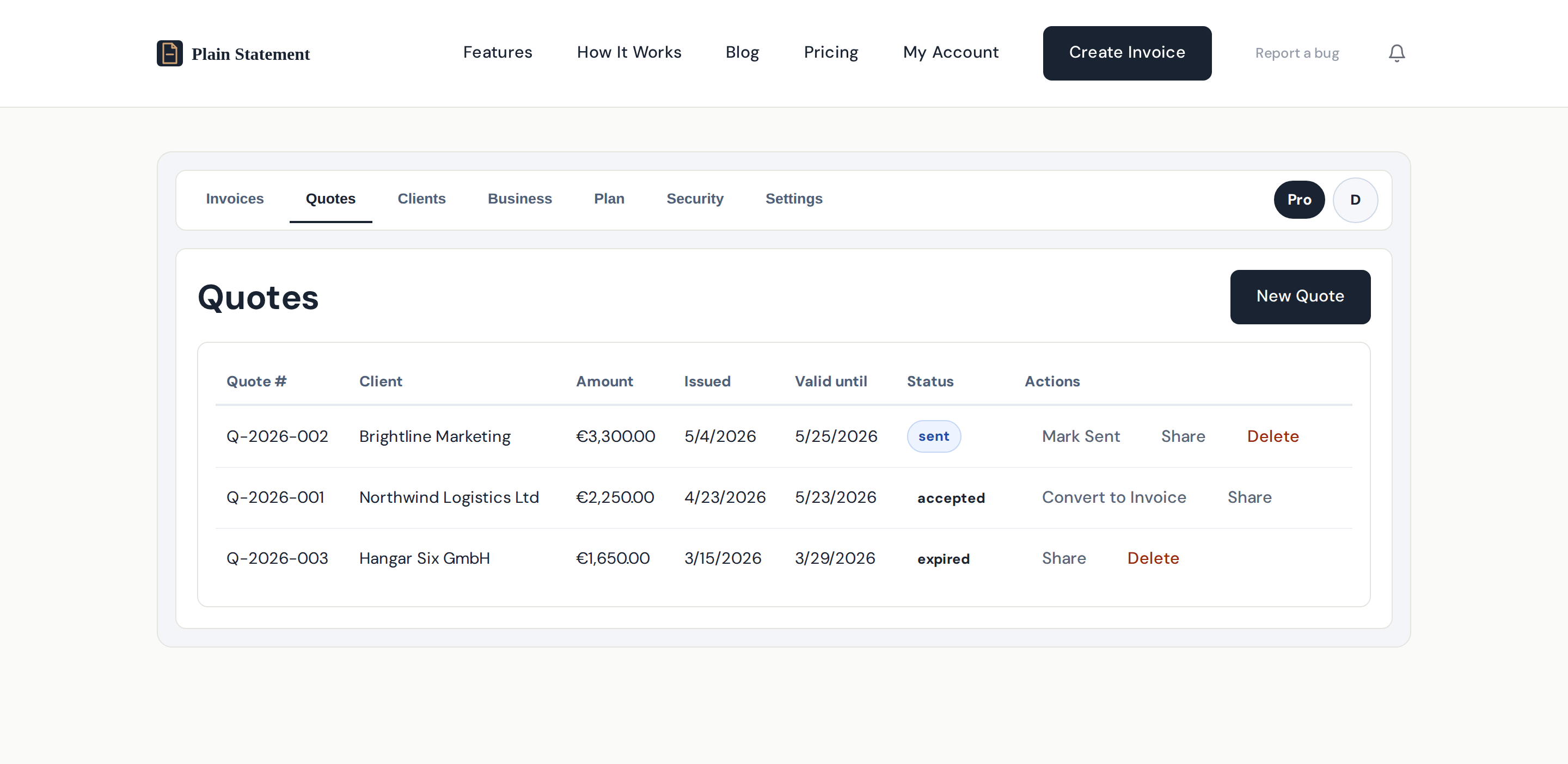 Plain Statement quotes tab showing Q-2026-001 accepted with Convert to Invoice action, Q-2026-002 sent, and Q-2026-003 expired