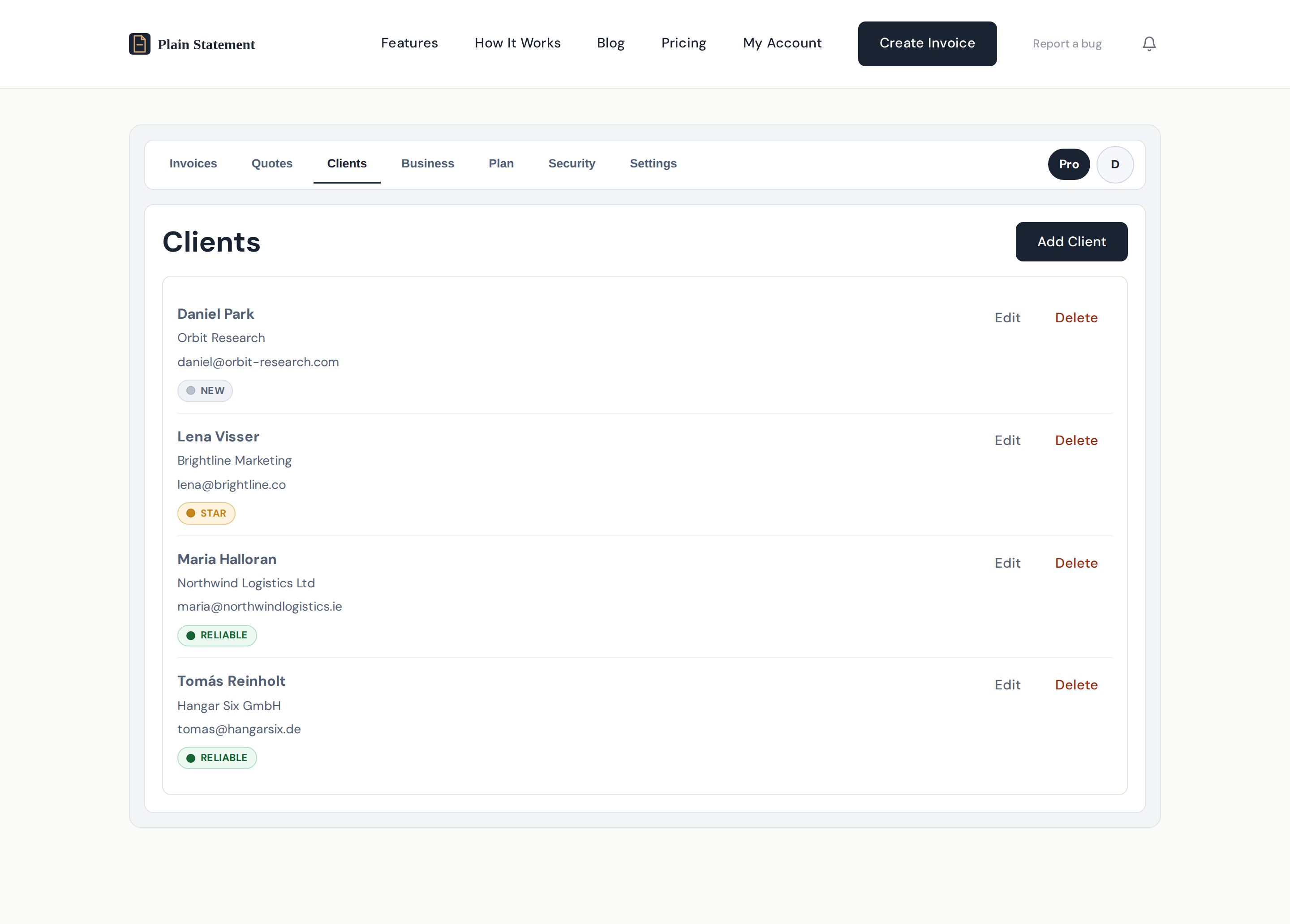 Plain Statement clients view showing unlinked recipients from past invoices with Import buttons, plus saved clients tagged NEW or SLOW