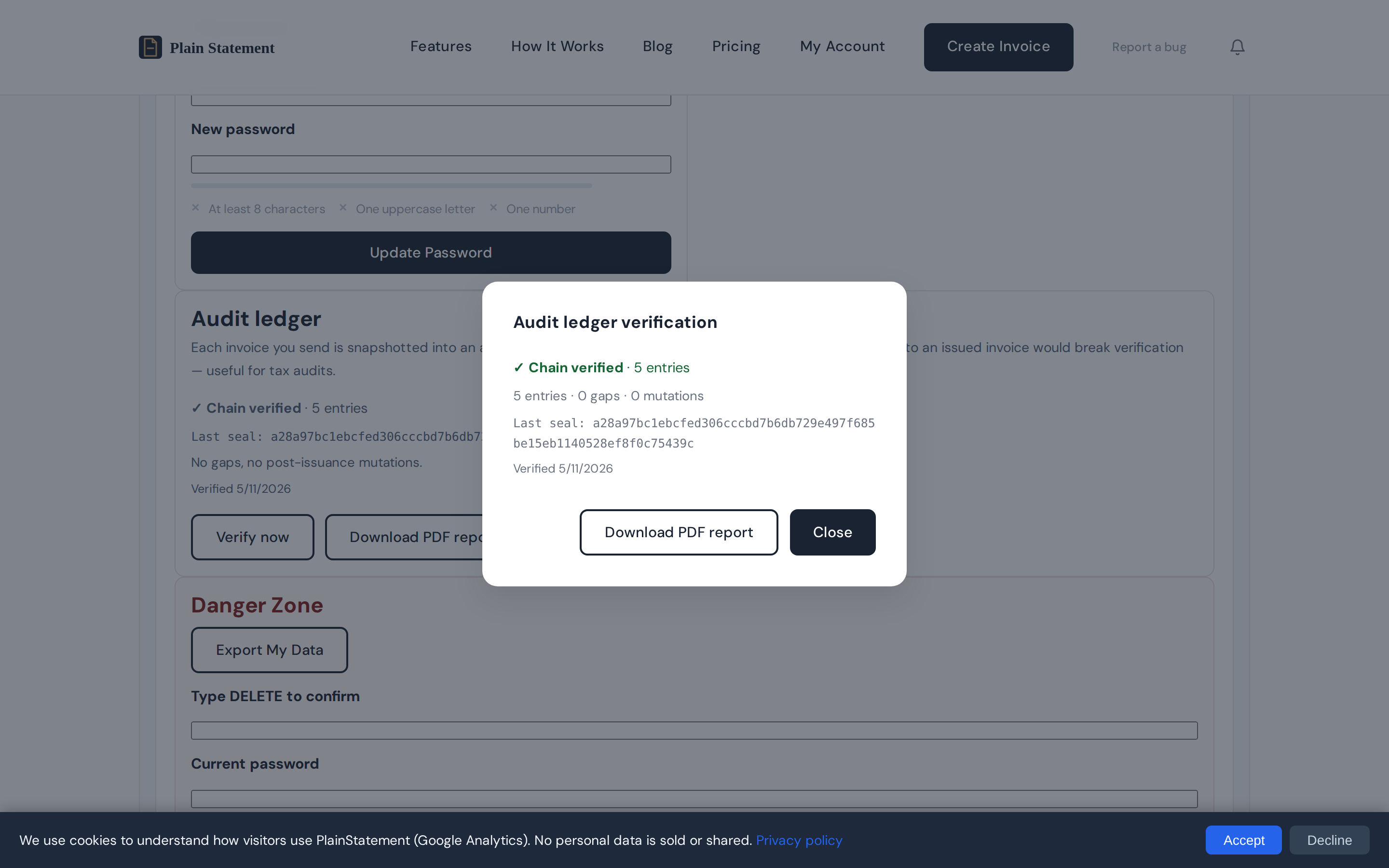 Audit ledger verification modal in Plain Statement showing Chain verified with 5 entries, 0 gaps, 0 mutations, the last seal hash, and a Download PDF report action