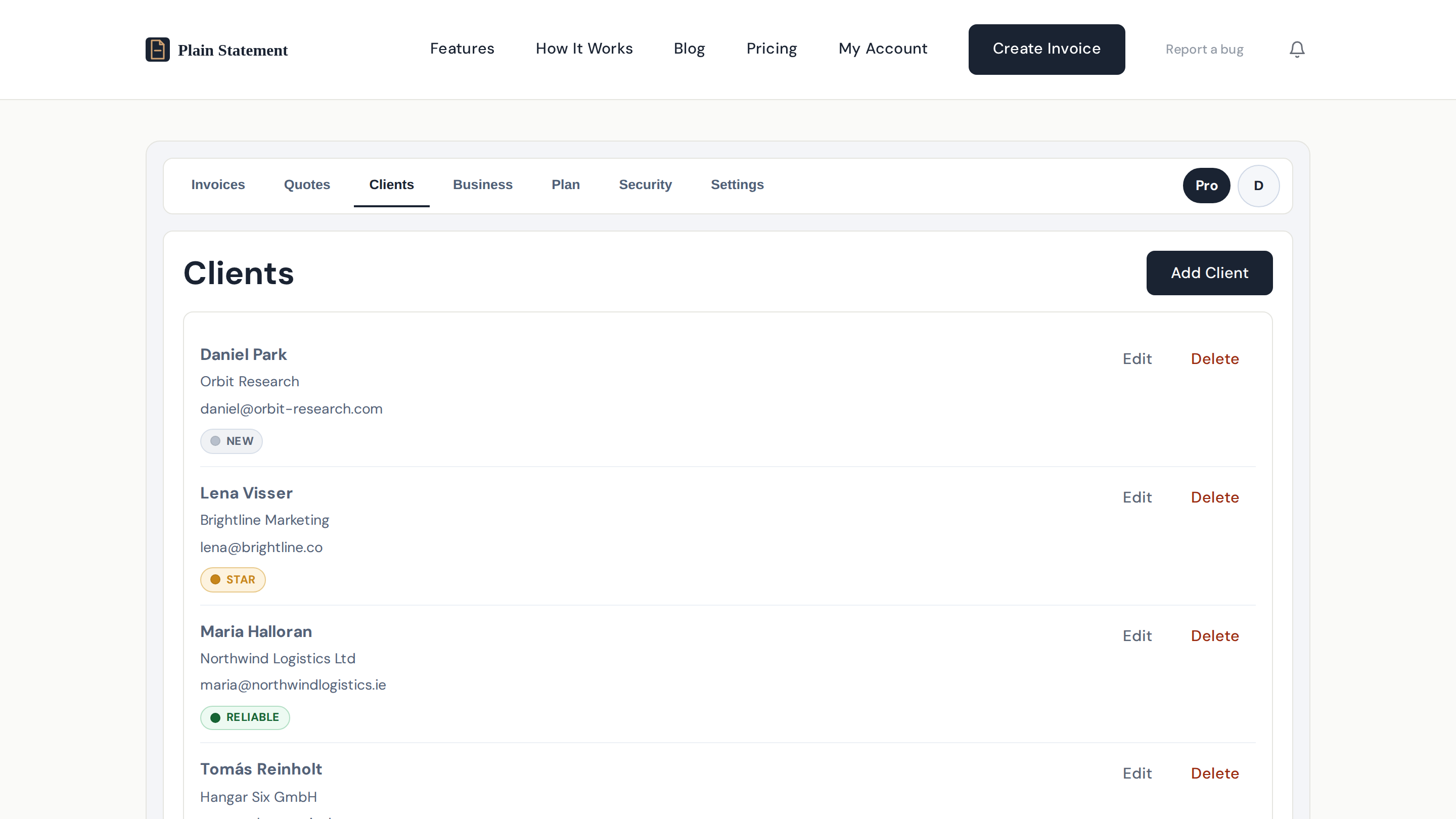 Clients tab with Star, Reliable and New payment-behaviour badges
