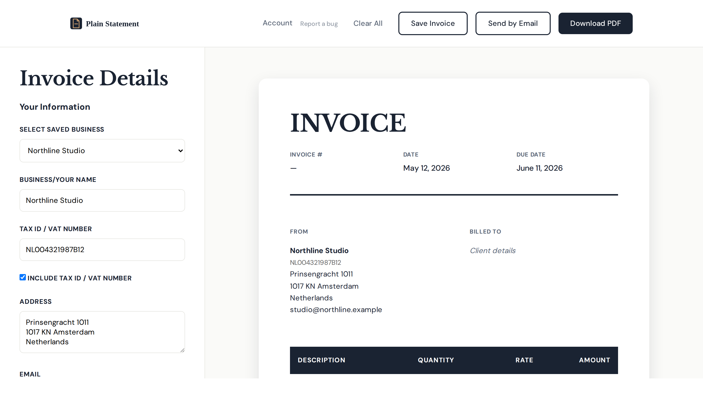 Free invoice generator with editable details on the left and live preview on the right